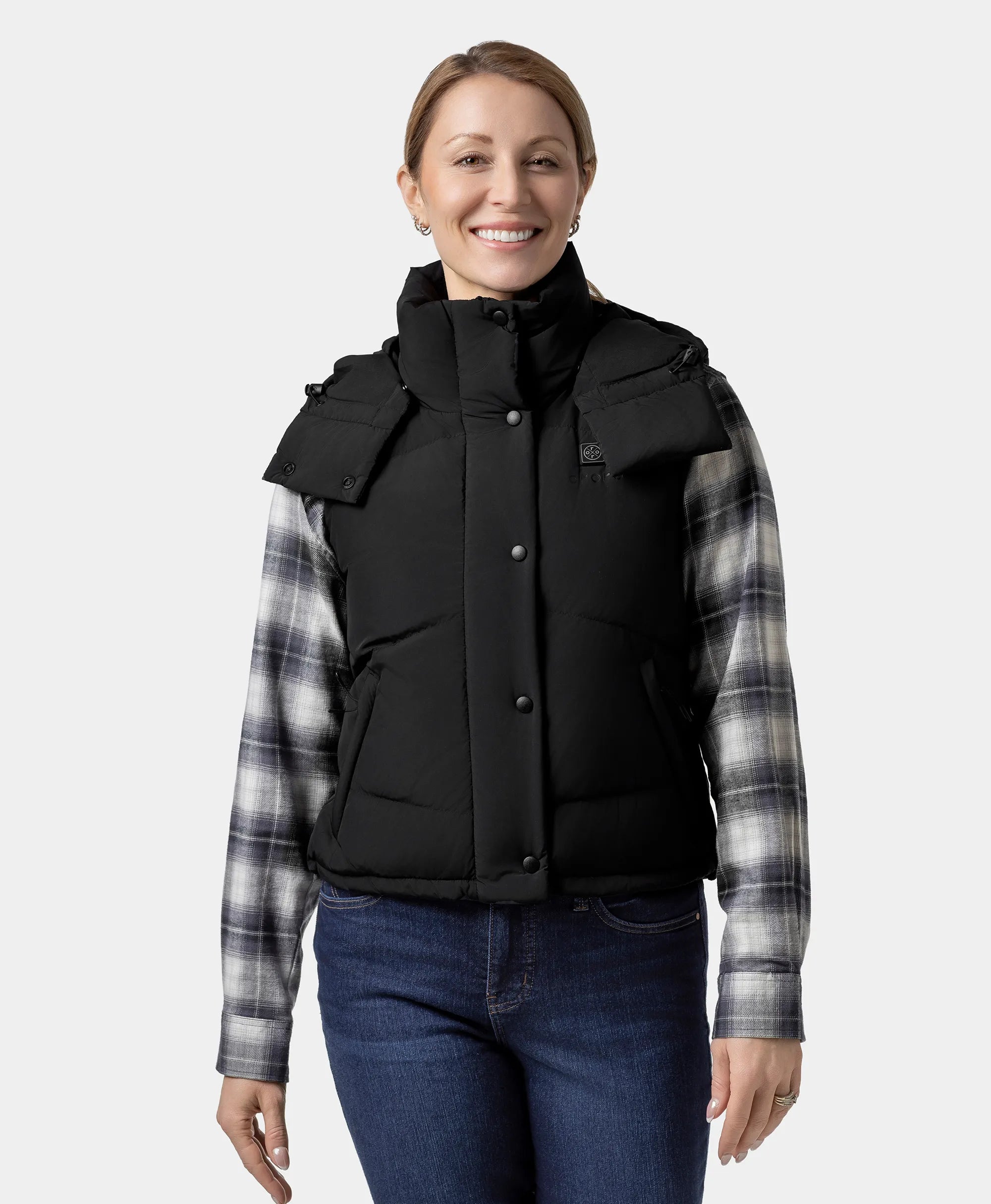 Women's Heated Cropped Puffer Down Gilet - Black / Red Women's Heated Cropped Puffer Down Gilet - Black / Red