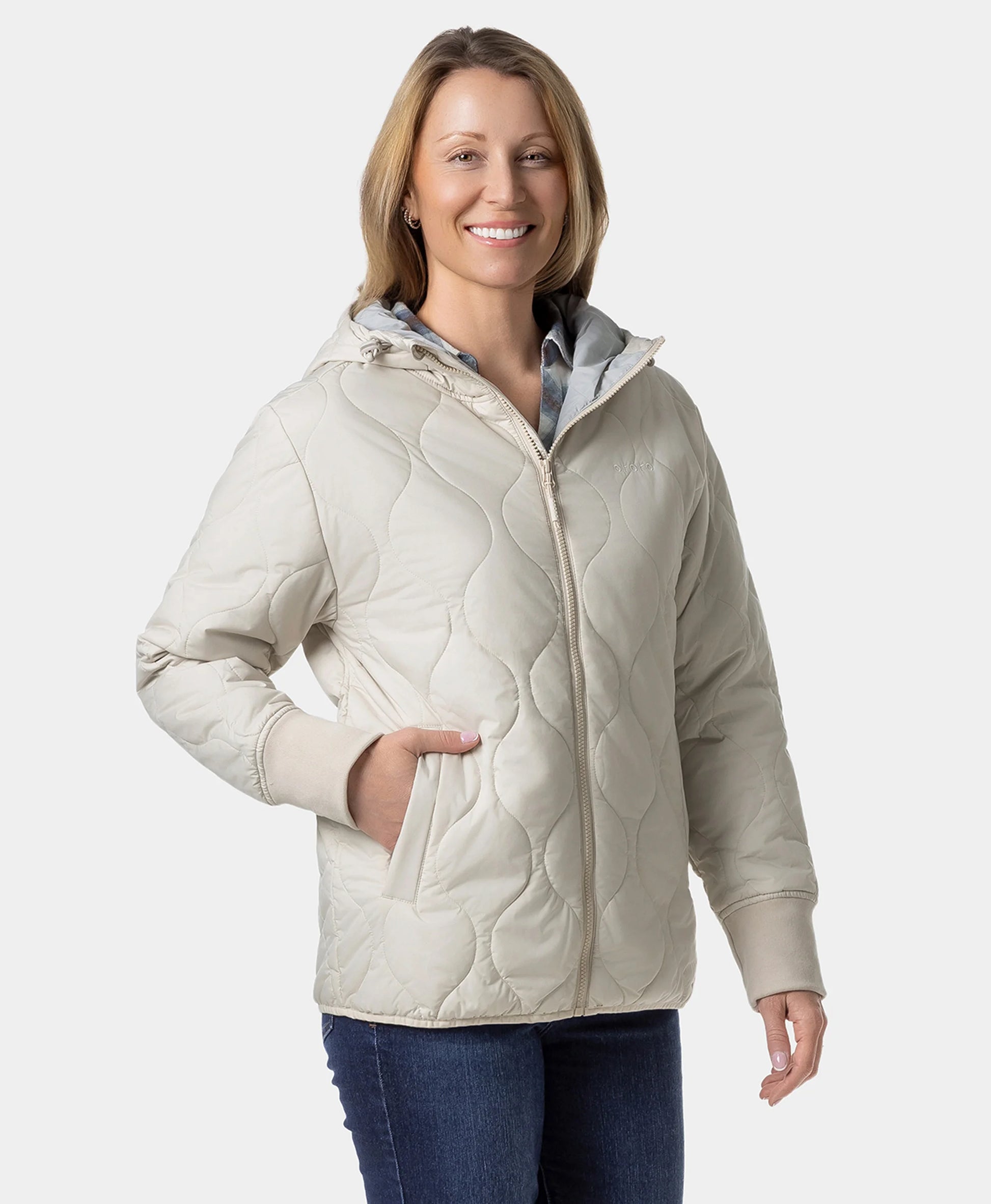 Stargazer Women's Heated Quilted Hoodie Jacket - Beige