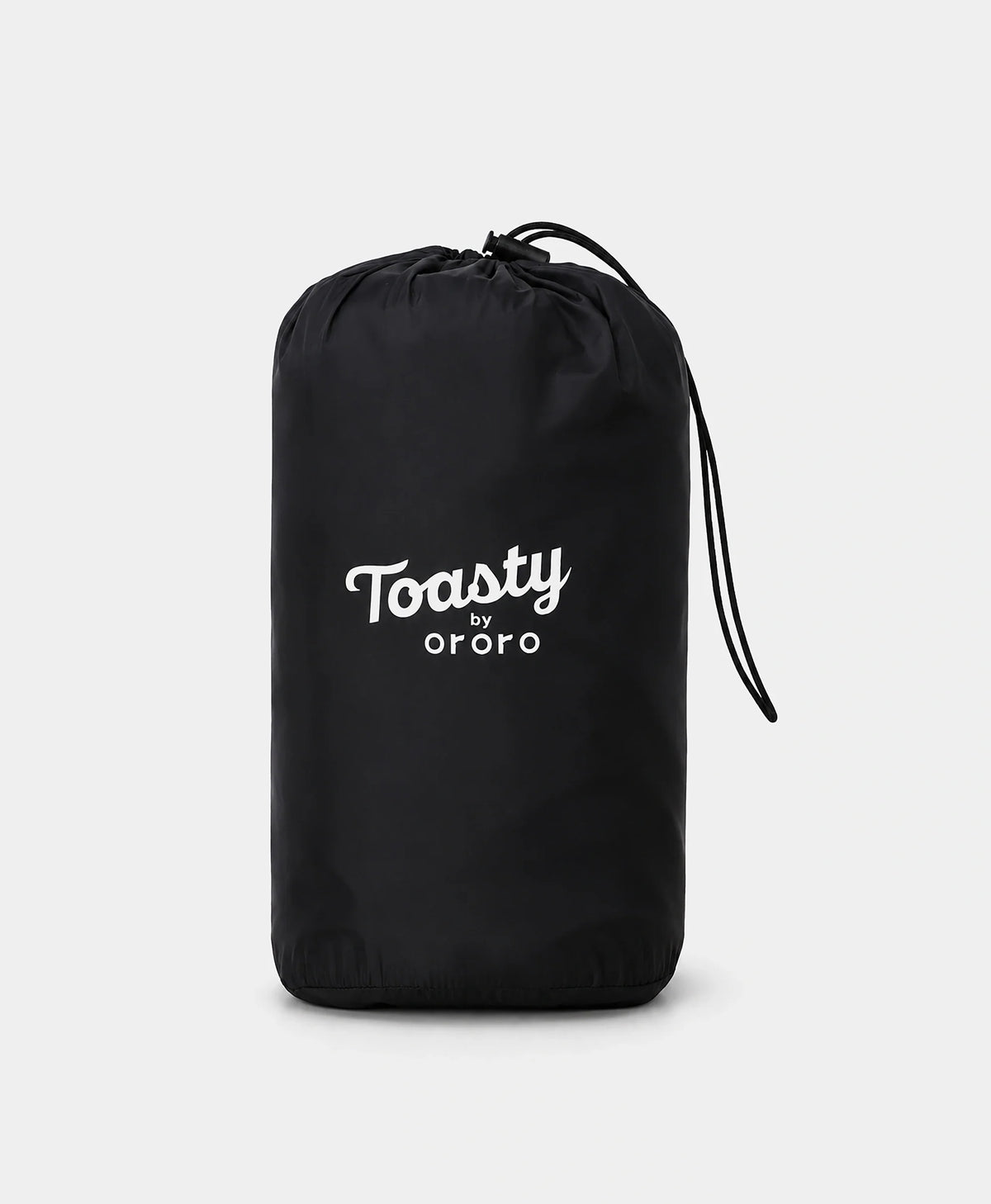 Black drawstring sack with the white "Toasty by ororo" logo printed on the front