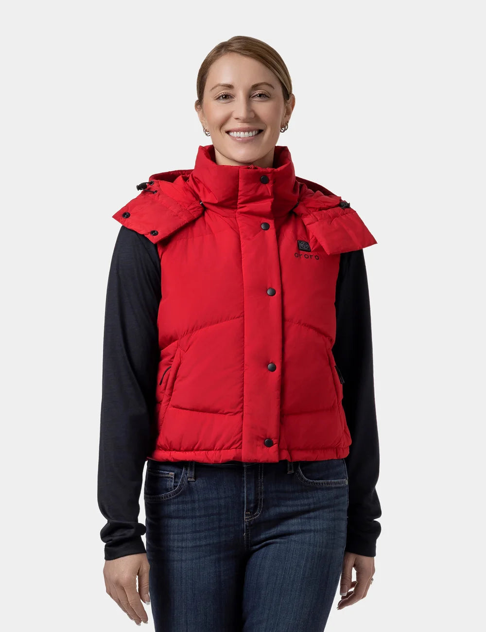 Women's Heated Cropped Puffer Down Gilet - Black / Red, Thumbnail 15