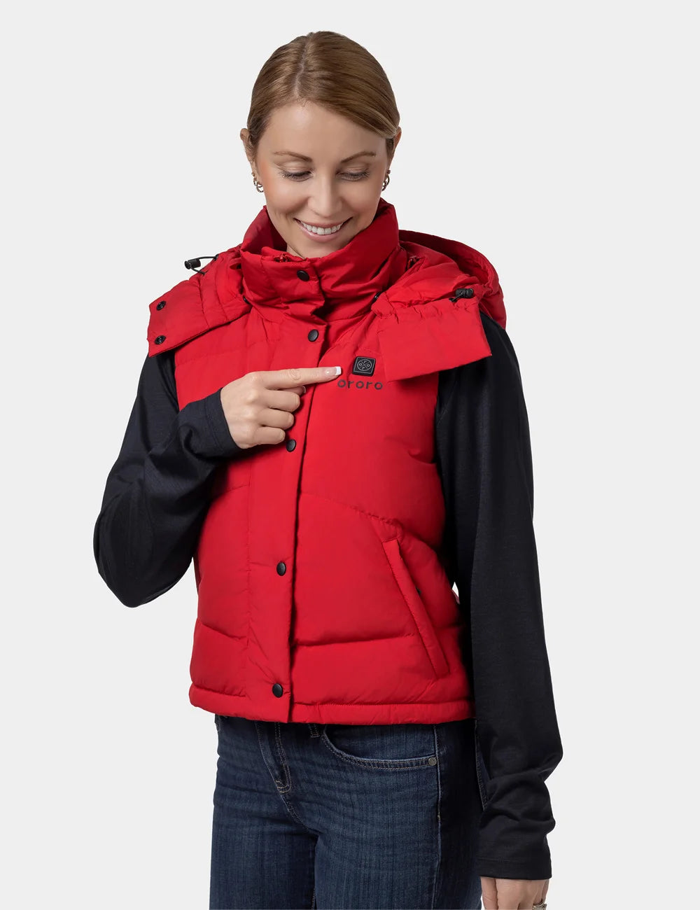 Women's Heated Cropped Puffer Down Gilet - Black / Red, Thumbnail 16