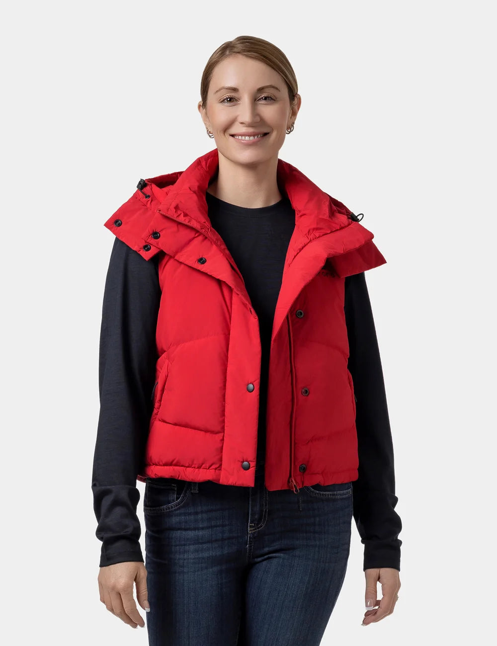 Women's Heated Cropped Puffer Down Gilet - Black / Red