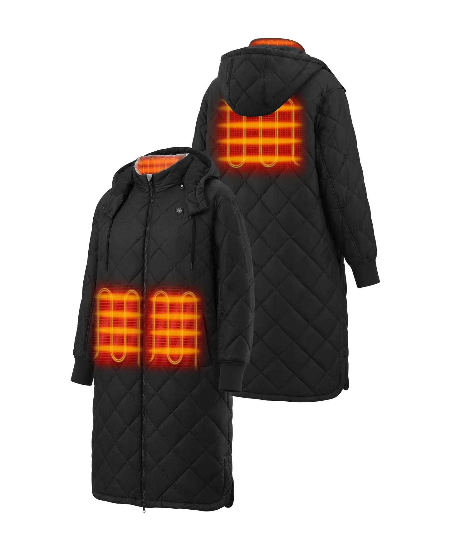Front and back view of black Uptown Women's 4-Zone Heated Parka w/ Removable Hood showing 4 heating zones