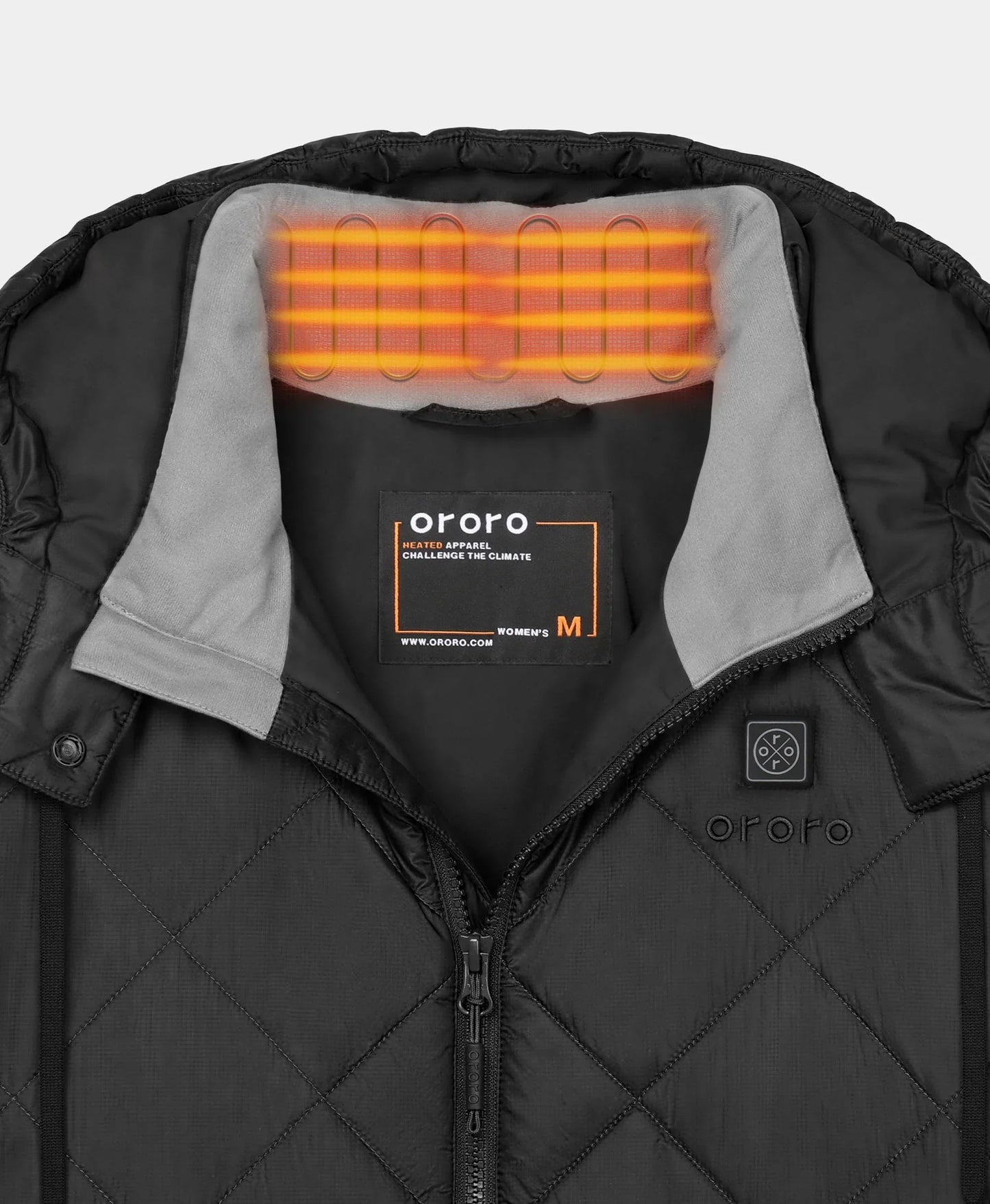Close-up of Black Uptown Women's Heated Parka showing the heated collar element and interior neck lining