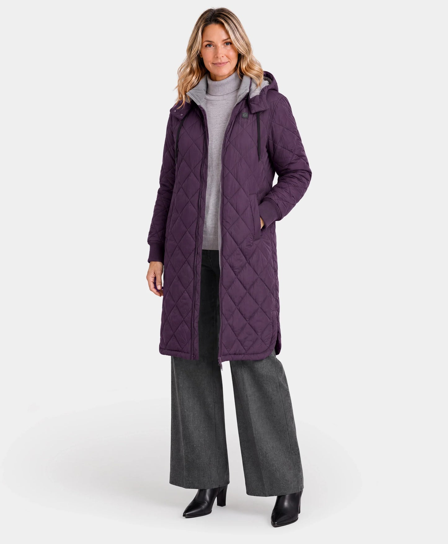 Front view of purple Uptown Women's 4-Zone Heated Parka w/ Removable Hood