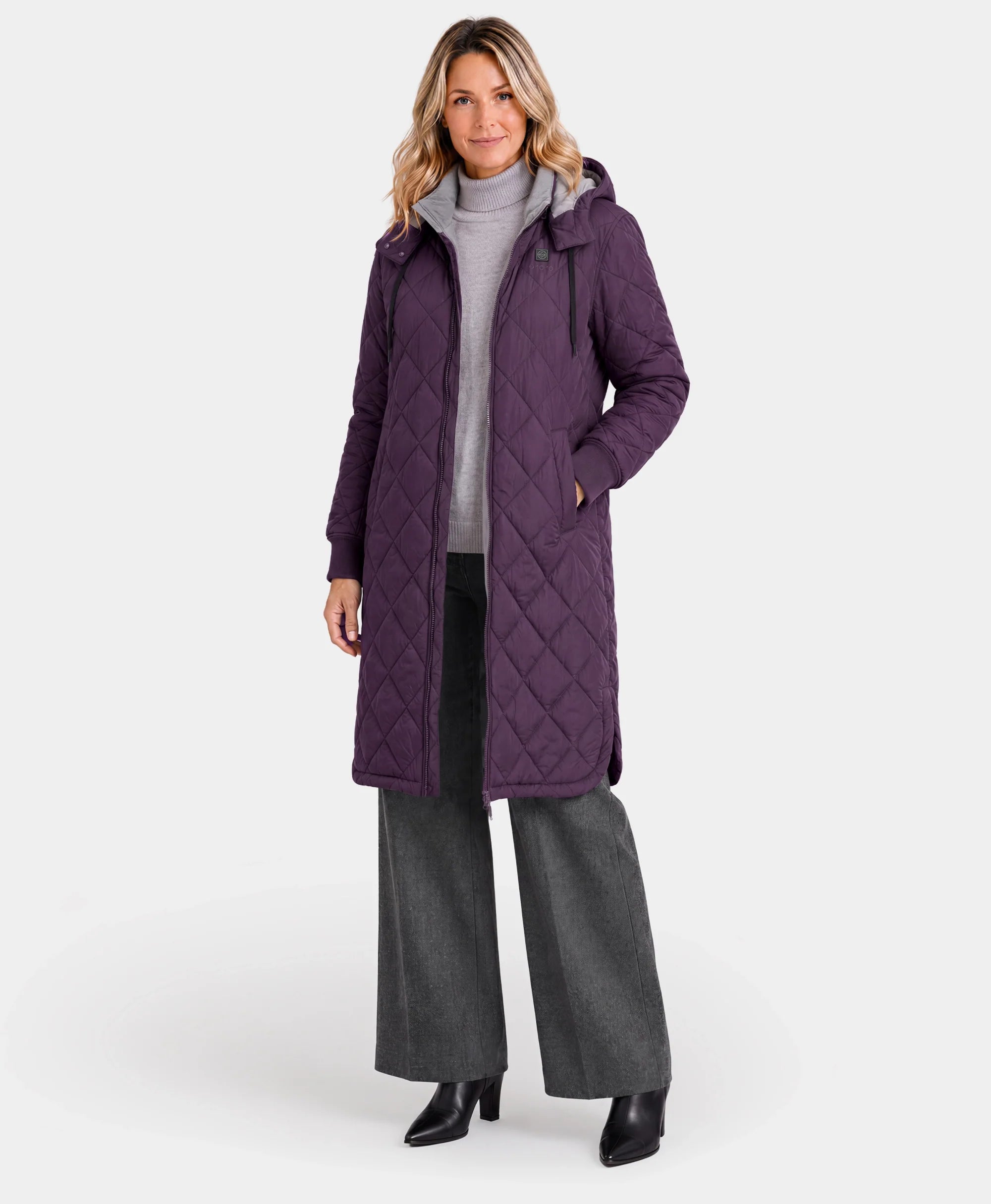 Front view of purple Uptown Women's 4-Zone Heated Parka w/ Removable Hood