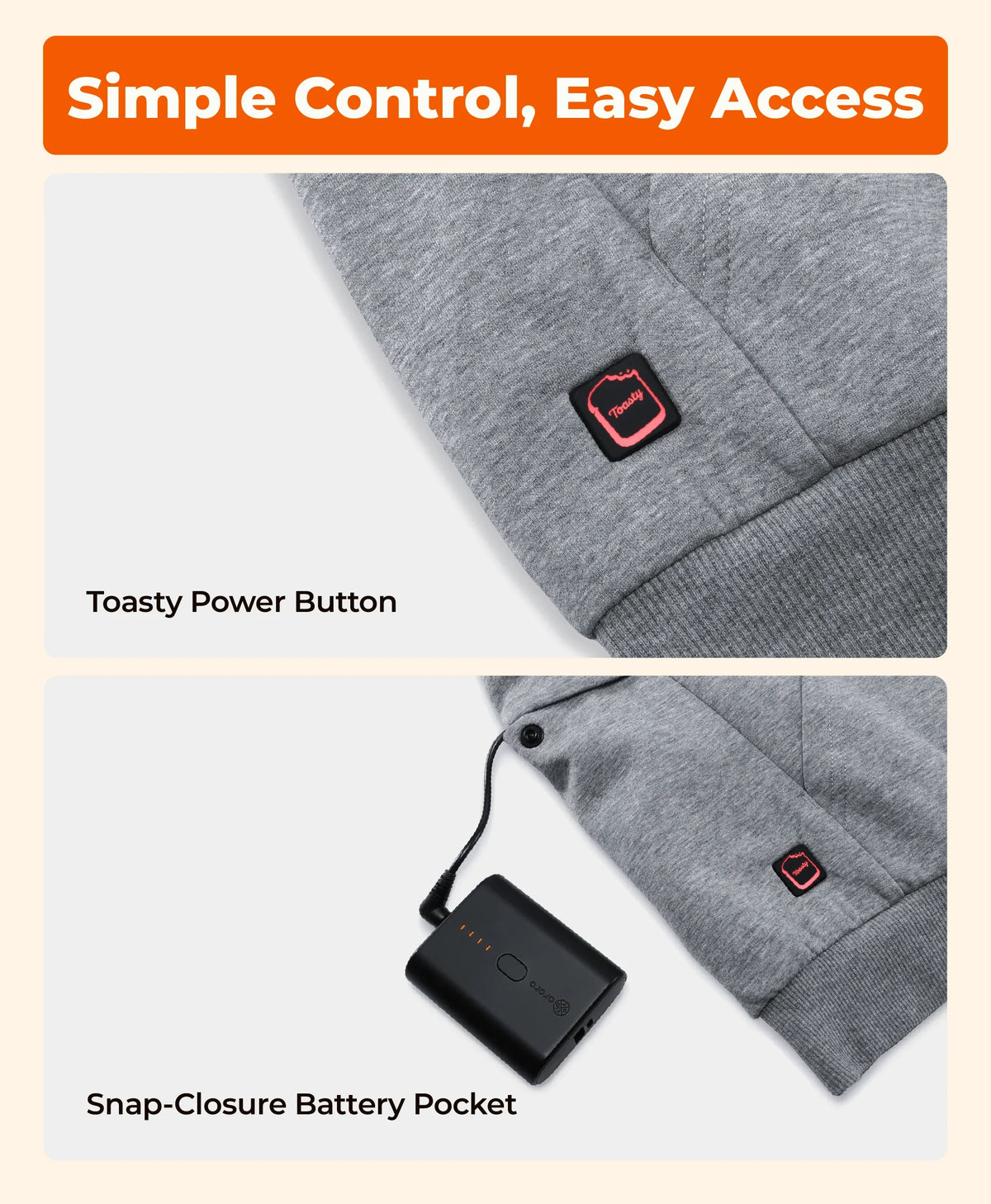 Toasty Power Button, Snap-Closure Battery Pocket