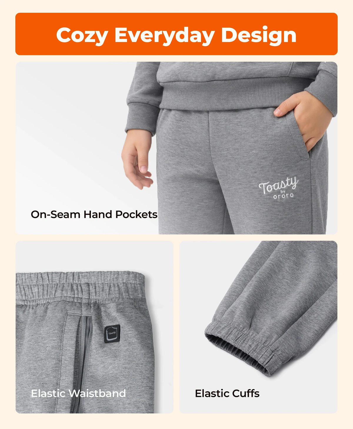 On-Seam Hand Pockets, Elastic Waistband, Elastic Cuffs