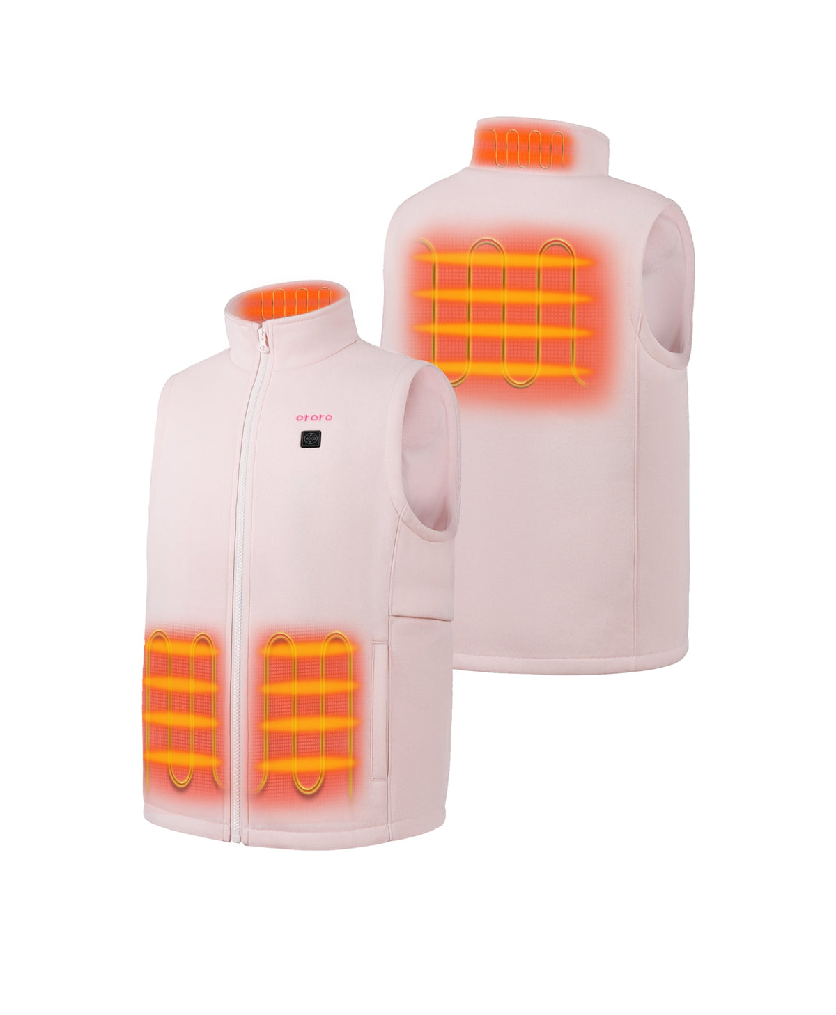 4 heating zones across left & right hand pockets, collar, and mid-back