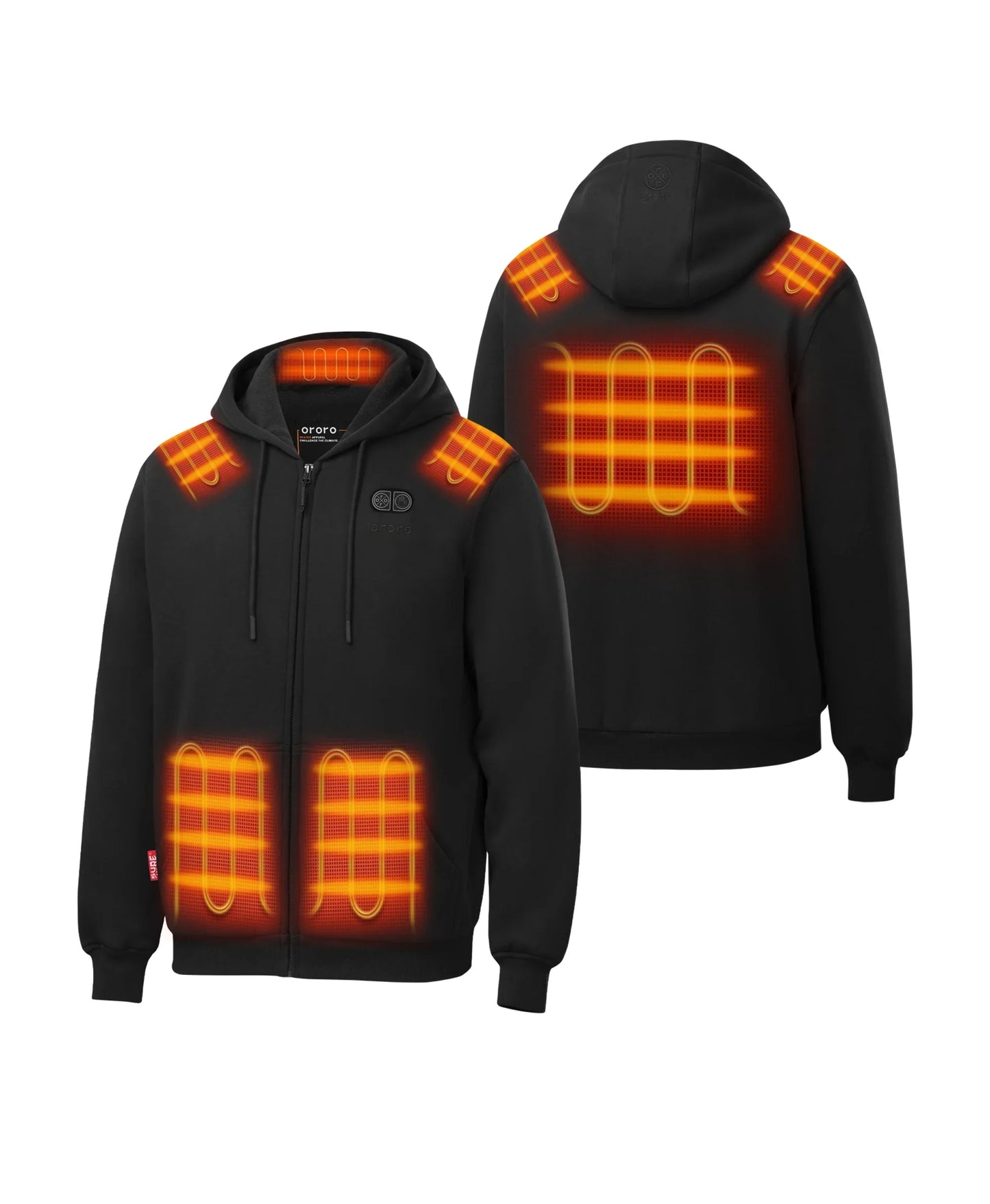 Front and back view of SureWarm? Unisex 6-Zone Fleece Heated Hoodie showing 6 heating zones