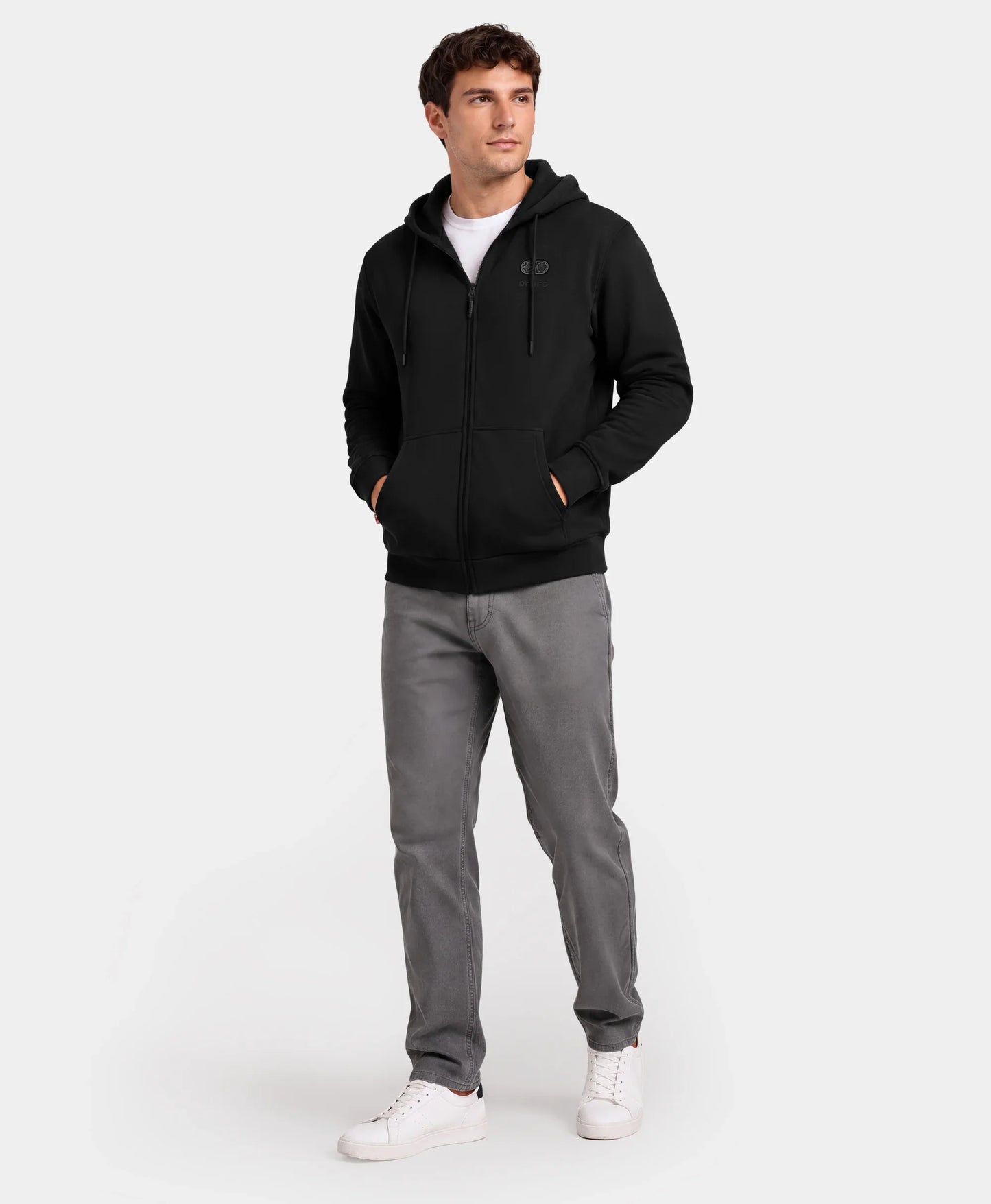 Front full-body view of SureWarm? Unisex 6-Zone Fleece Heated Hoodie in Black worn by male model