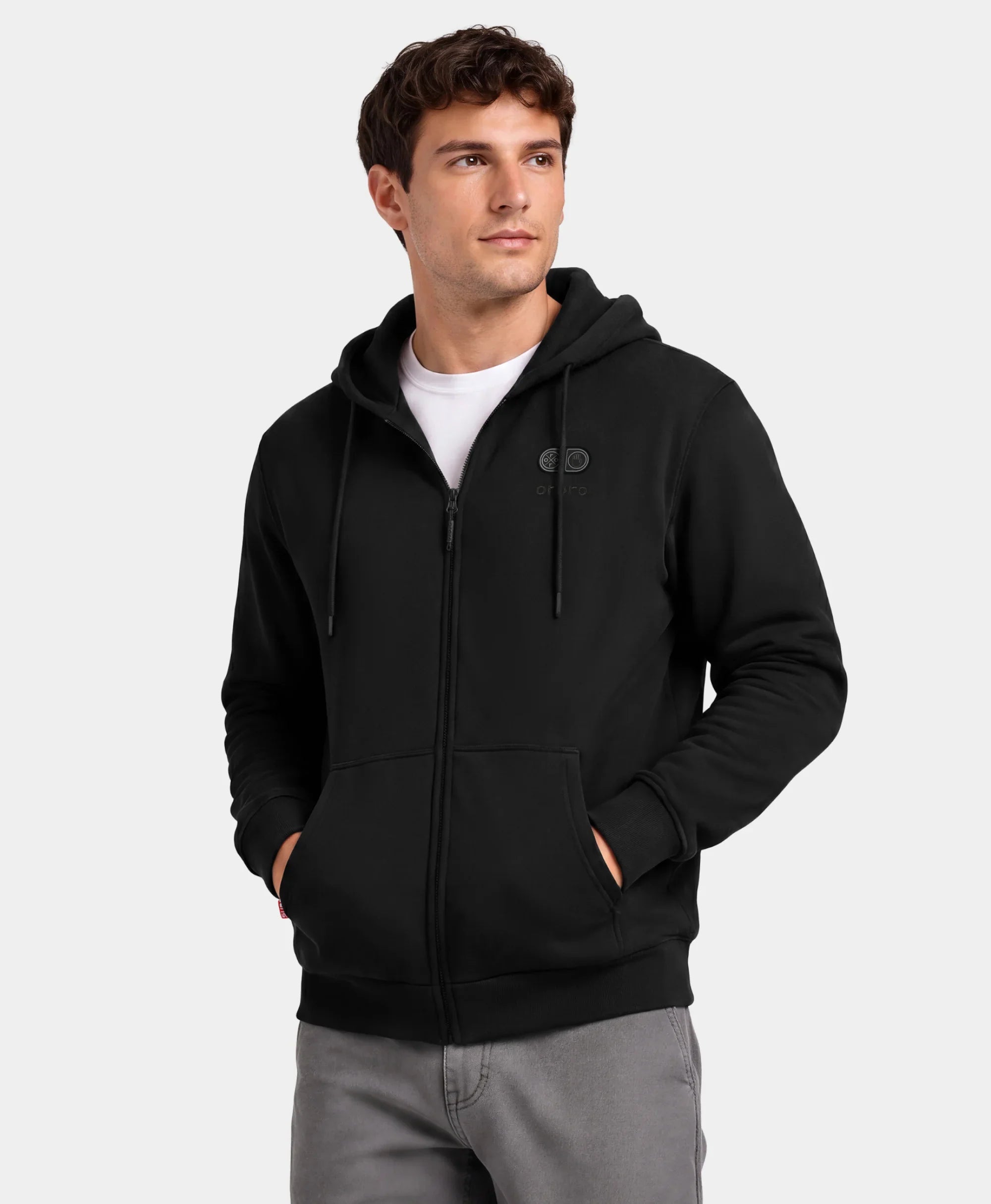 SureWarm? Unisex 6-Zone Fleece Heated Hoodie in Black featuring full-zip design and front pockets